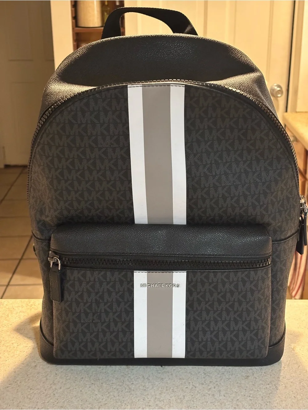 Michael Kors Black Backpack with Cream and Tan Stripe